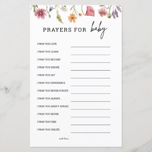 Wilde bloem baby shower gebed voor baby advieskaar (Voorkant)