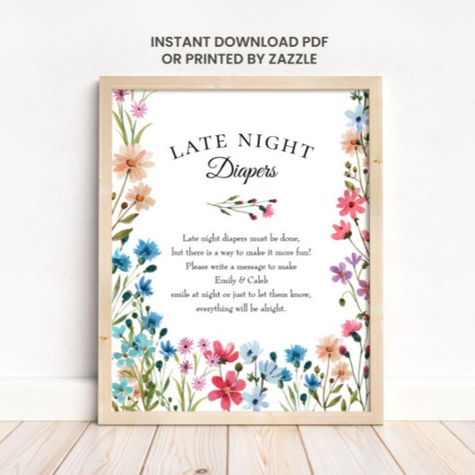 Wilde bloem baby shower late night luiers afdruk poster