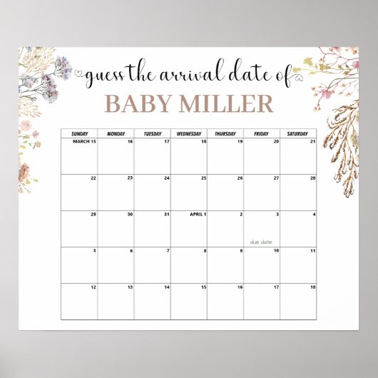 Wilde bloem Baby shower Raad Vervaldatum Poster (Voorkant)