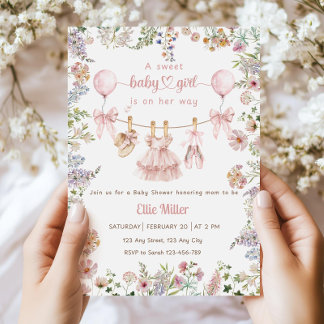Wilde Bloem Baby Shower Uitnodiging, Roze Strik Bl Kaart