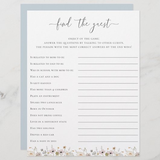Wilde bloem Baby shower vindt het gastspel (Voorkant / Achterkant)