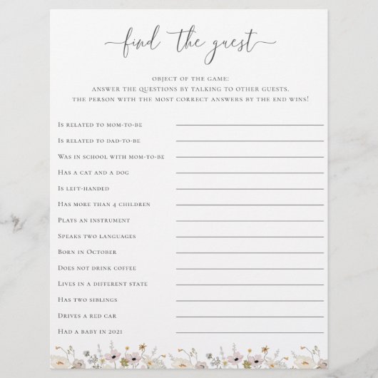 Wilde bloem Baby shower vindt het gastspel (Voorkant)