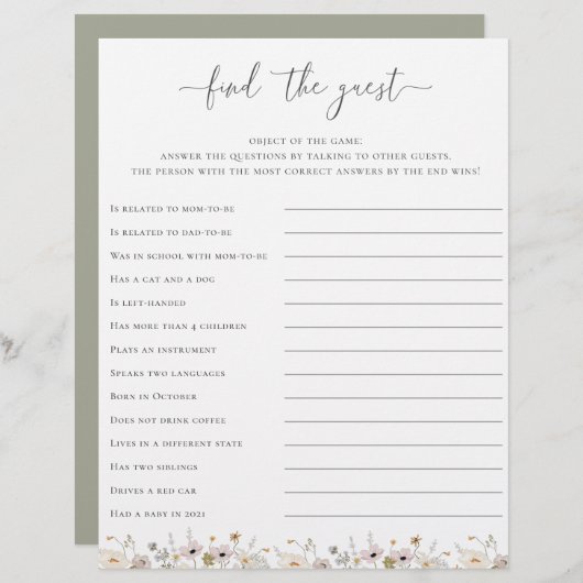 Wilde bloem Baby shower vindt het gastspel (Voorkant / Achterkant)