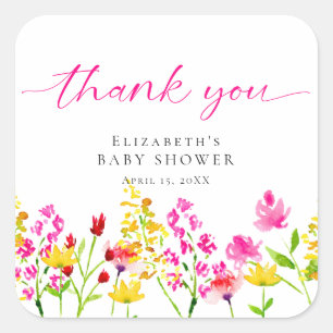 Wilde bloem baby shower waterverf roze Dank je Vierkante Sticker