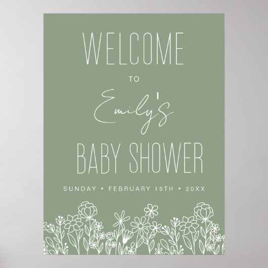 Wilde bloem Baby shower Welkomstteken Groen Poster (Voorkant)