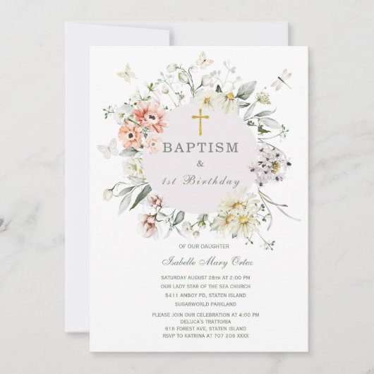 Wilde bloem Baptisme and First Birthday Invitation Kaart (Voorkant)