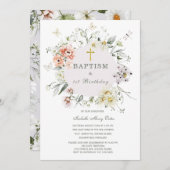 Wilde bloem Baptisme and First Birthday Invitation Kaart (Voorkant / Achterkant)