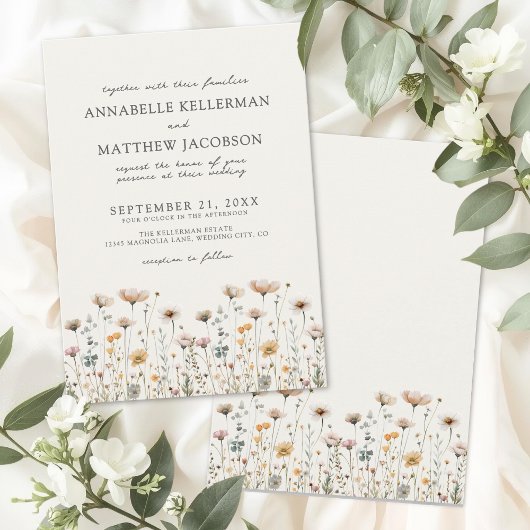 Wilde Bloem Beige Boho Bloemen Bruiloft Kaart