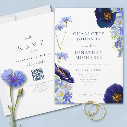 Wilde Bloem Blauw Rustieke Trouwwebsite QR Code Kaart