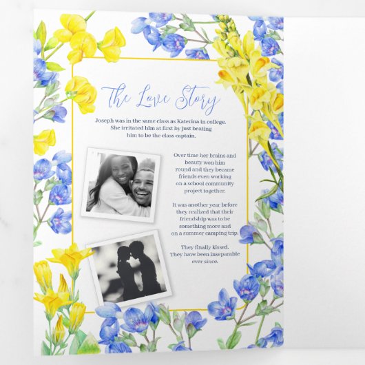 Wilde bloem blauwe waterverf botanische bruiloft drieluik programma (Binnenzijde eerst)