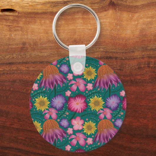 Wilde bloem Blauwgroen Floral, gepersonaliseerd Sleutelhanger (Achterkant)