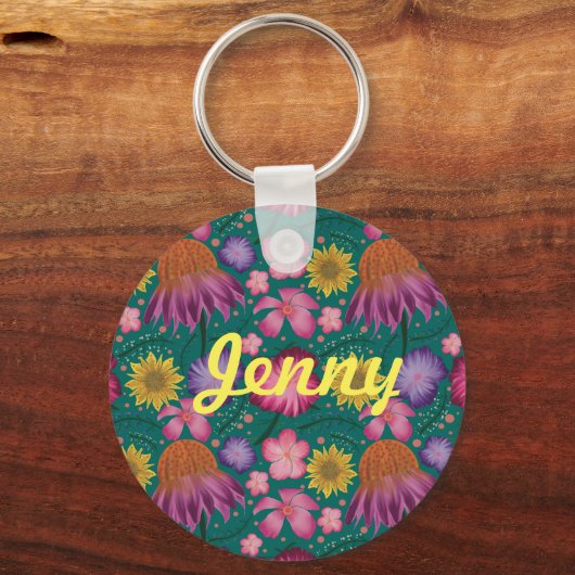 Wilde bloem Blauwgroen Floral, gepersonaliseerd Sleutelhanger (Voorkant)