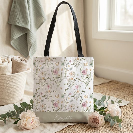 Wilde bloem bloemige gepersonaliseerde naam tote bag