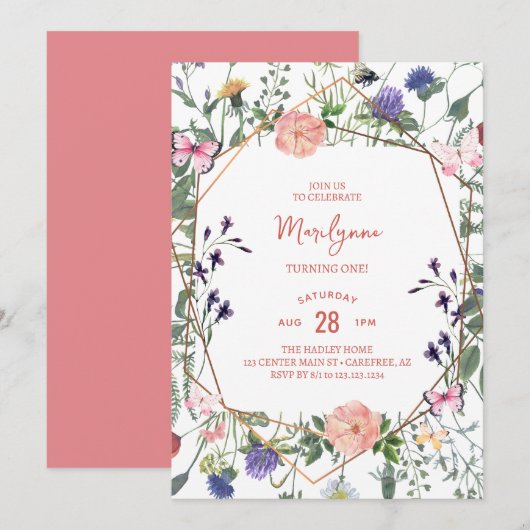 Wilde bloem Boho 1e verjaardag Uitnodiging (Voorkant / Achterkant)