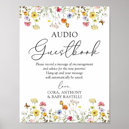 Wilde bloem Boho Baby shower Audio Guestbook Sign. Poster (Voorkant)