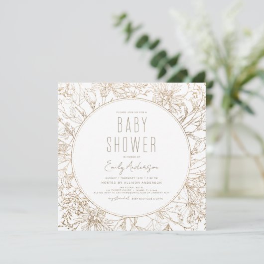 Wilde Bloem Boho Baby Shower Goud Modern Kaart (Staand voorkant)