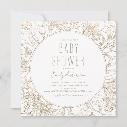 Wilde Bloem Boho Baby Shower Goud Modern Kaart (Voorkant)