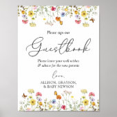 Wilde bloem Boho Baby shower Guestbook Sign. Poster (Voorkant)
