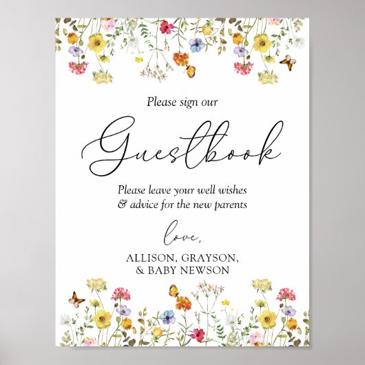 Wilde bloem Boho Baby shower Guestbook Sign. Poster (Voorkant)