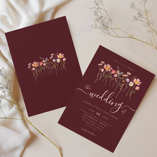 Wilde Bloem Boho Bourgondië & Blush Roze Bruiloft Kaart