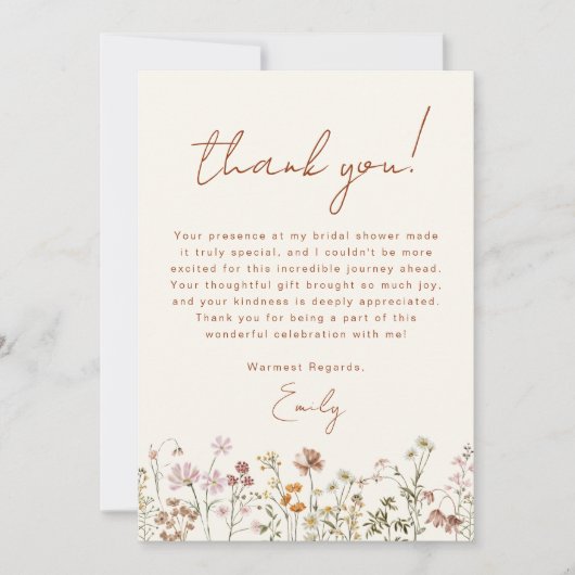 Wilde Bloem Boho Bruidsdiner Terracotta Bedankkaart (Voorkant)