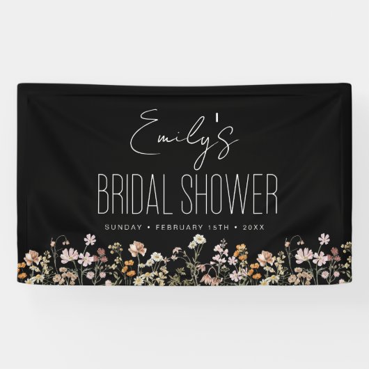 Wilde Bloem Boho Bruidsdouche Rustiek Zwart Spandoek (Horizontaal)