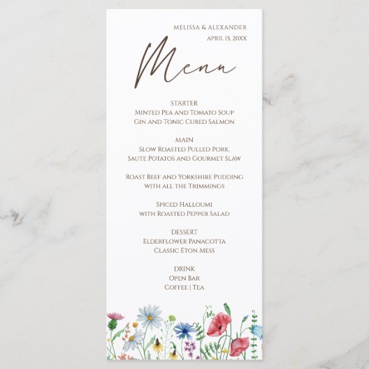 Wilde Bloem Boho Bruiloft Menu (Voorkant)