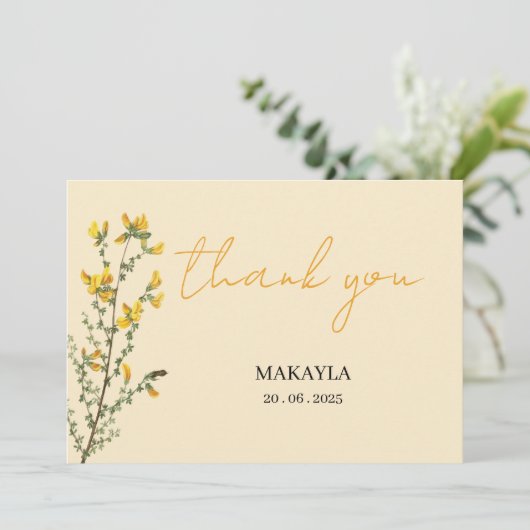 Wilde bloem Boho geel modern script Bedankkaart (Staand voorkant)