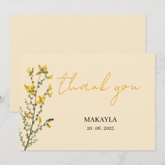 Wilde bloem Boho geel modern script Bedankkaart (Voorkant / Achterkant)