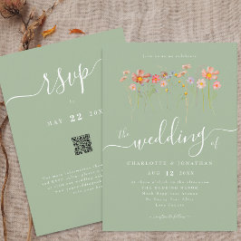Wilde Bloem Boho Herfst Salie Groene QR code Trouw Kaart