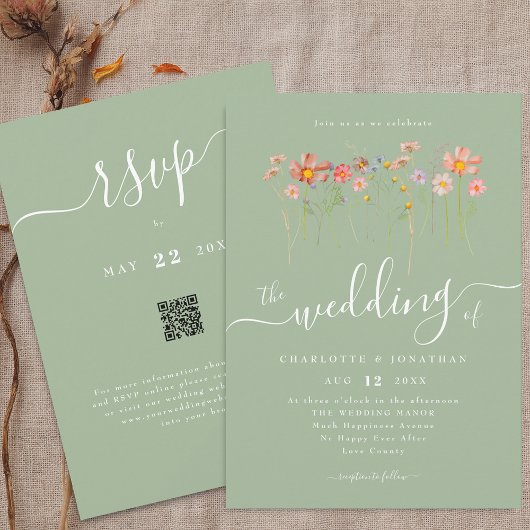 Wilde Bloem Boho Herfst Salie Groene QR code Trouw Kaart