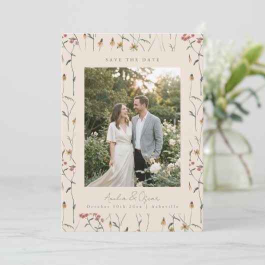 Wilde bloem boho herfst weide trouwfoto save the date (Staand voorkant)