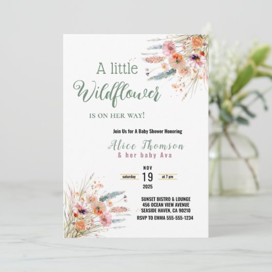 Wilde Bloem Boho Pampas Gras Baby Shower Groene Ti Kaart (Staand voorkant)