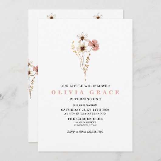 Wilde bloem Boho tuin eerste verjaardag Uitnodigin Kaart (Voorkant / Achterkant)