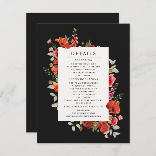 Wilde bloem Botanische papaverdonkerbruine bruilof Informatiekaartje (Voorkant / Achterkant)