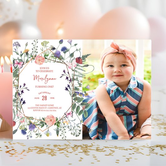 Wilde bloem Boterfly Foto eerste verjaardag Kaart