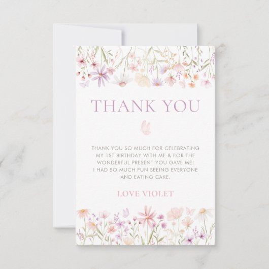 Wilde bloem Boterfly Girls 1ste verjaardag Bedankkaart (Voorkant)