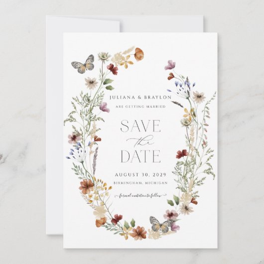 Wilde bloem Boterfly Simple Floral Save The Date (Voorkant)