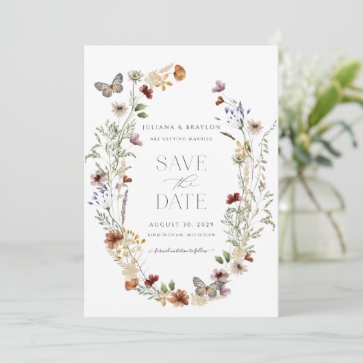 Wilde bloem Boterfly Simple Floral Save The Date (Staand voorkant)