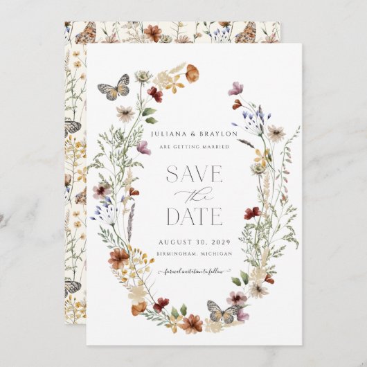 Wilde bloem Boterfly Simple Floral Save The Date (Voorkant / Achterkant)