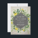 Wilde bloem Bouquet White Brick Save the Date<br><div class="desc">wildbloemen en groen met tekst boven zwart geometrisch ontwerp in het midden. Achtergrond is wit baksteen.</div>