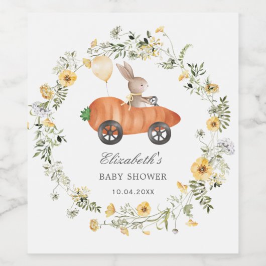 Wilde bloem Bunny Riding Carrot Car Favors Wijn Etiket (Enkel label)