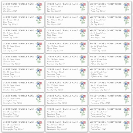 Wilde bloem Charm 30 Floral Wedding Guest Adres Sticker (Voorkant)
