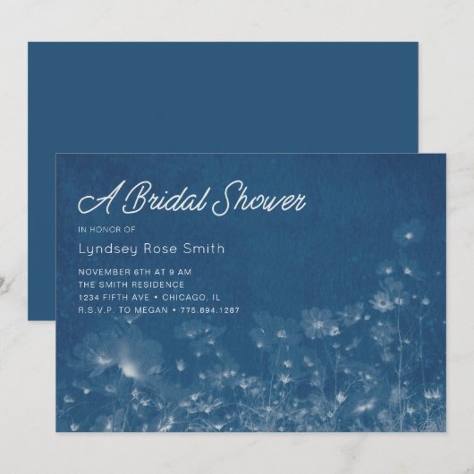Wilde bloem Cyanotype Bridal Shower Invitation Kaart (Voorkant / Achterkant)
