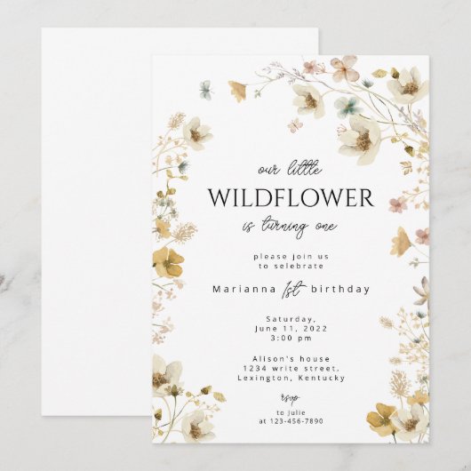 Wilde bloem eerste verjaardag boho uitnodiging (Voorkant / Achterkant)
