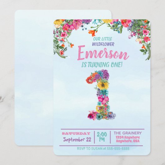 Wilde bloem, eerste verjaardag, één bloem kaart (Voorkant / Achterkant)