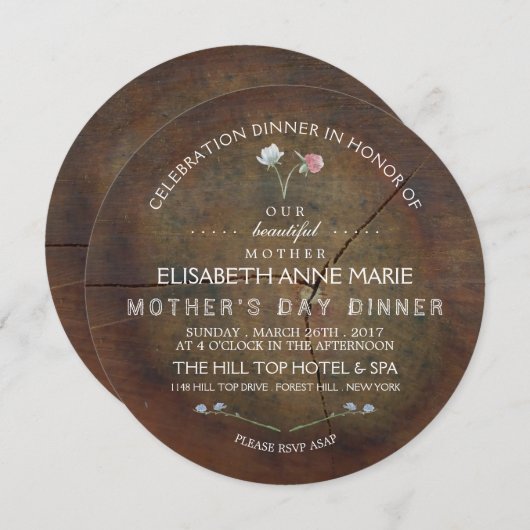 Wilde bloem eikenhout Moederdag Dinner Kaart (Voorkant / Achterkant)