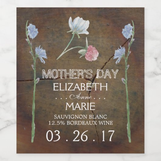 Wilde bloem eikenhout Moederdag Wijn Etiket (Enkel label)