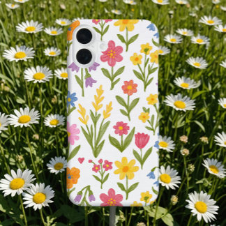 Wilde bloem fleurige cute kleurrijke Doodle op wit iPhone 16 Plus Hoesje