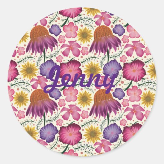 Wilde bloem Floral Pattern, gepersonaliseerd Ronde Sticker (Voorkant)